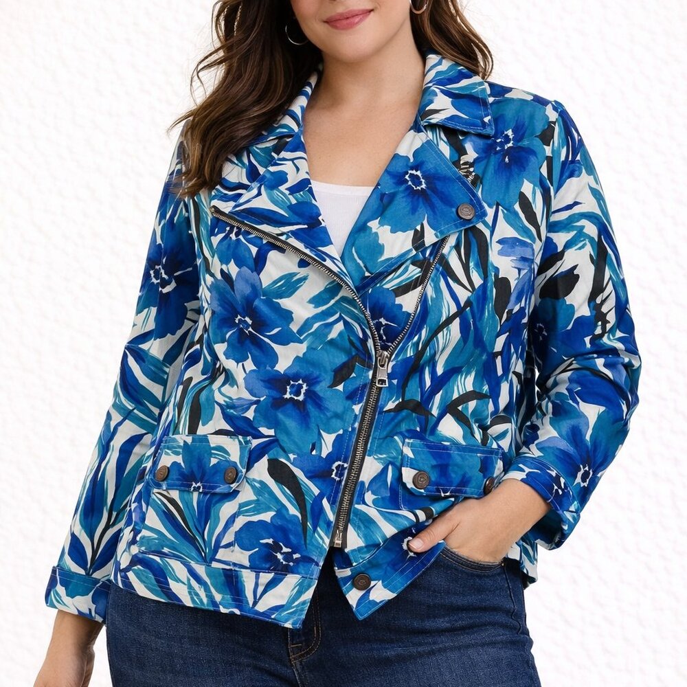 Sportelle XL Women’s Floral Print Jacket Blue & Teal Button Front Casual